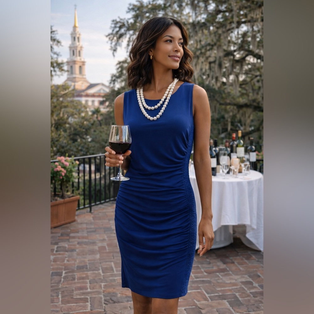 Moda International,Blue Ruched Stretch Dress Sleeveless Bodycon Cocktail,Size M - Picture 6 of 8